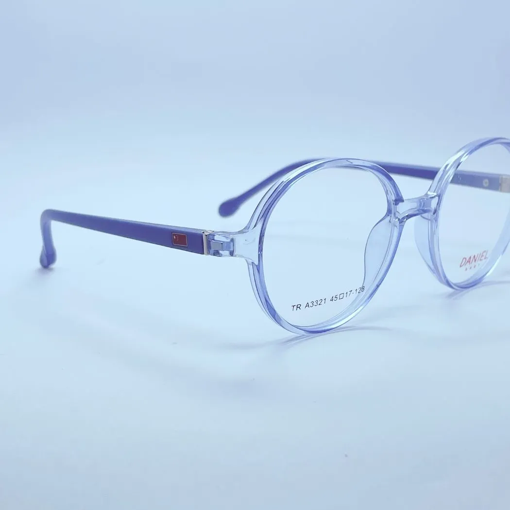 Daniel Baby A3321 Eyeglasses – Angled Side View (Light Blue) Daniel Baby A3321 eyeglasses in Light Blue – angled side view